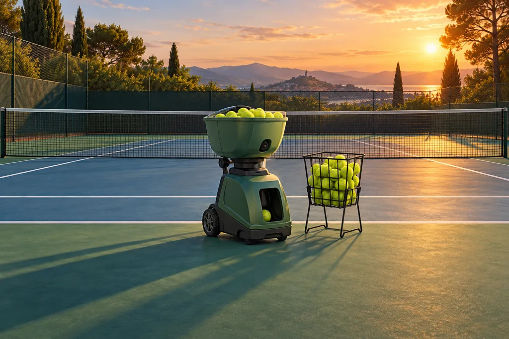 Une machine à balles de tennis posée au fond d'un court en dur, un panier de balles jaunes à son côté.
