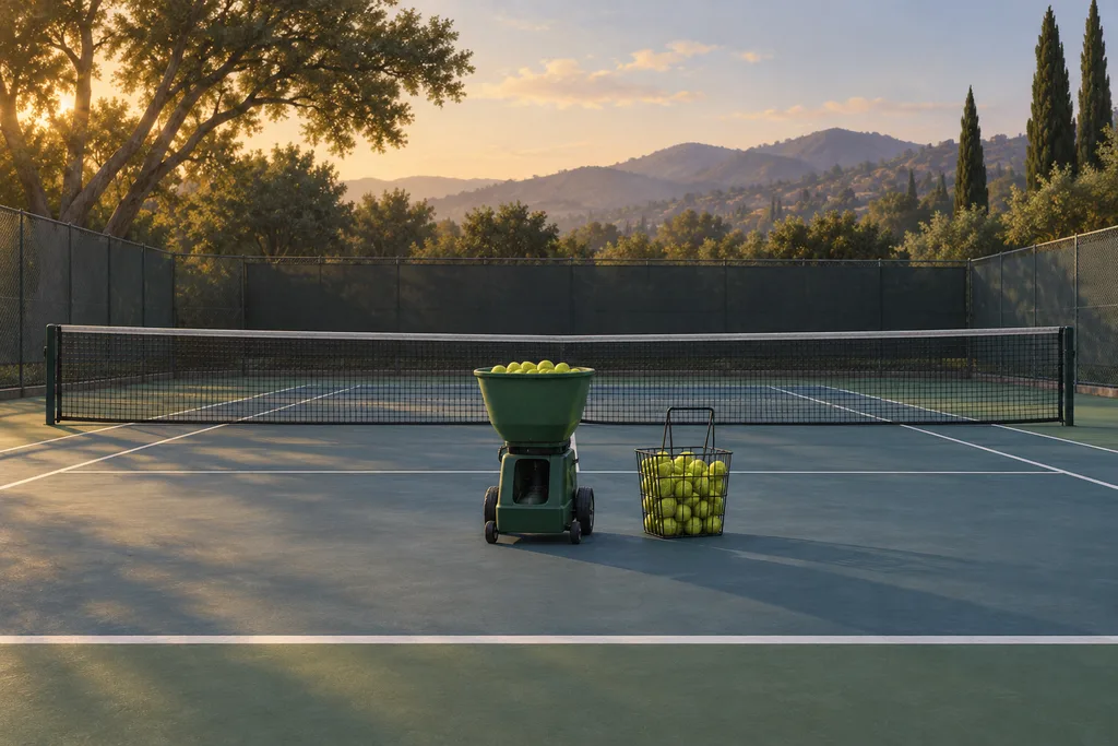 Une machine à balles de tennis posée au fond d'un court en dur, un panier de balles jaunes à son côté.