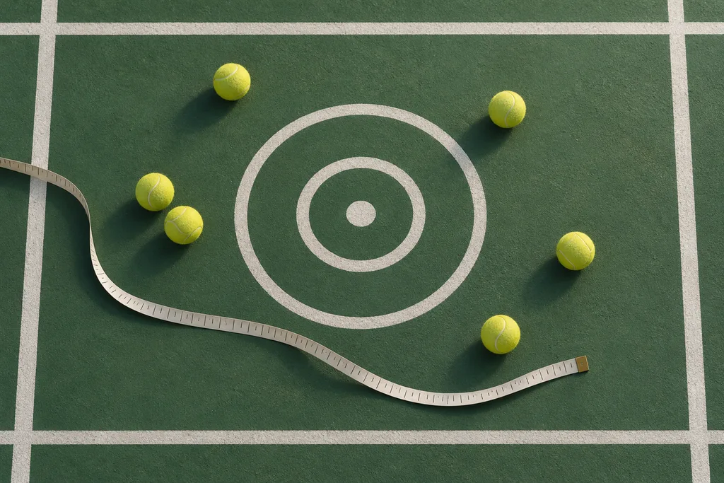 Des balles de tennis réparties autour d'un point repère tracé sur un court, avec un mètre-ruban posé au sol.