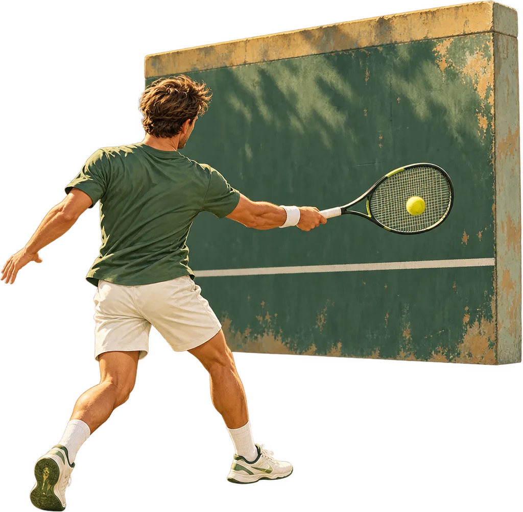 Un joueur de tennis en plein échange face à un mur d'entraînement, avec une machine à balles posée sur le côté du court.